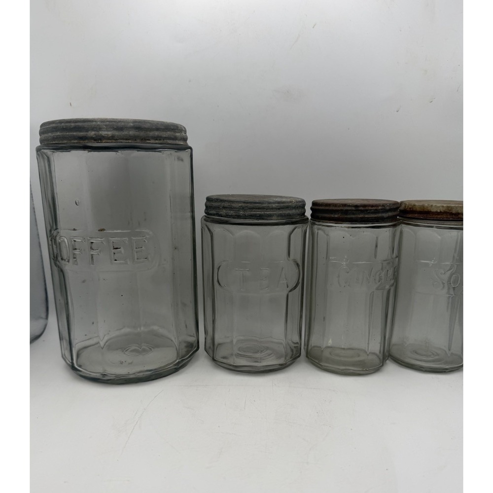 Antique Hoosier Glass Jars Coffee Tea Ginger Soda Set of 4 Sneath Style